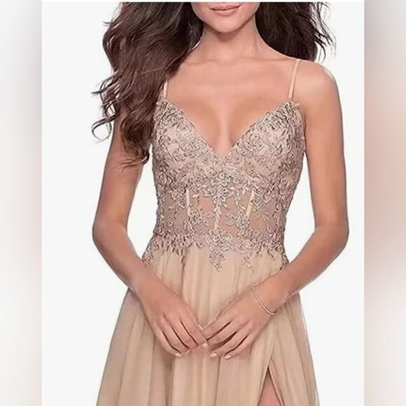 NWOT, Women's Lace Appliques Long V Neck Slit Formal Party Evening Dress, Size 2 - Picture 3 of 5